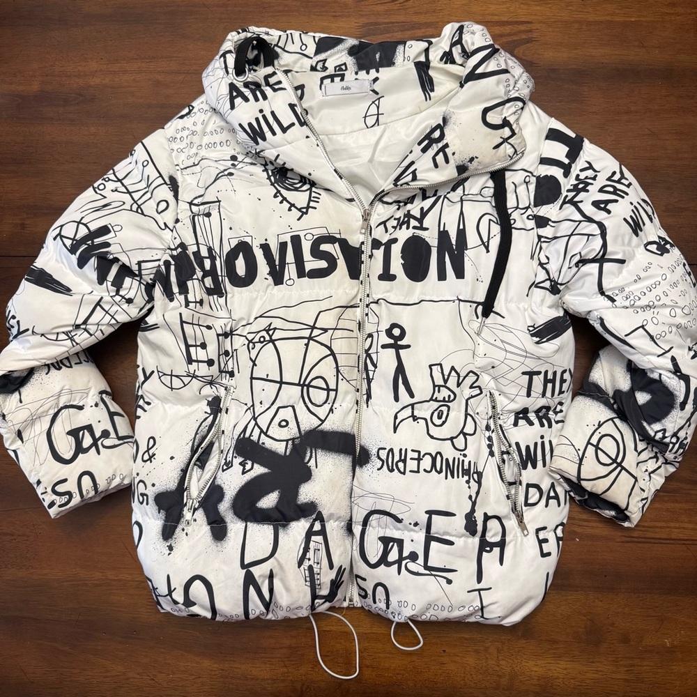 Adika Women’s Graffiti Print Puffer Jacket - White & Black XS - Picture 1 of 14